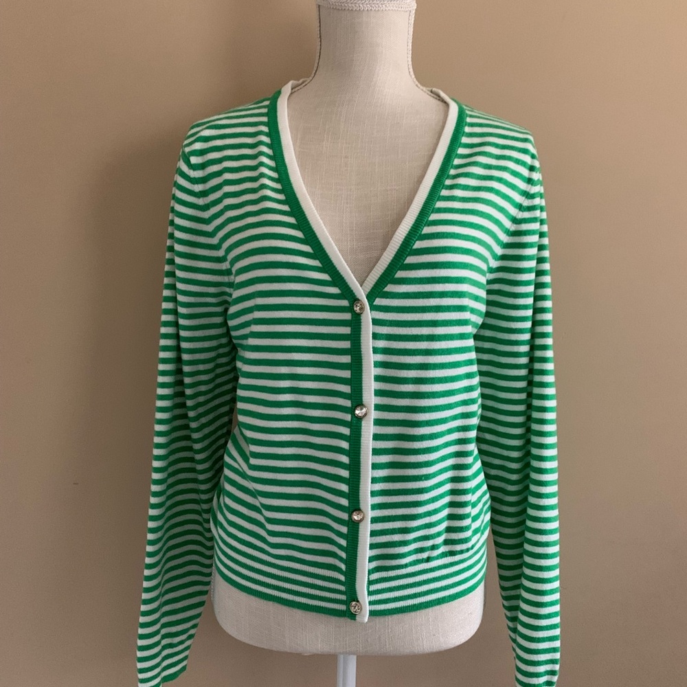 Chic Green and White Striped Cardigan Sweater